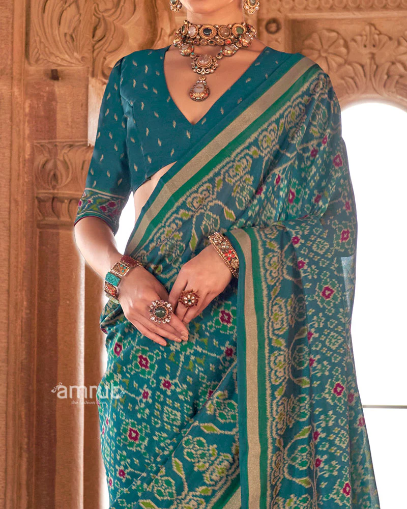 Teal Green Patola Printed Saree with Golden Zari Border and Unstitched Blouse - Image 3
