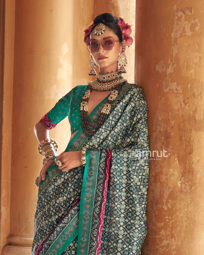 Teal Green Patola Silk Saree with Embellished Border and Unstitched Blouse - Image 2