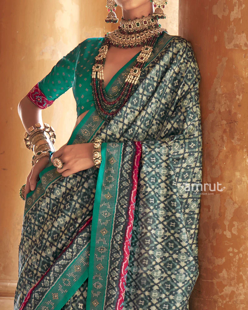 Teal Green Patola Silk Saree with Embellished Border and Unstitched Blouse - Image 3