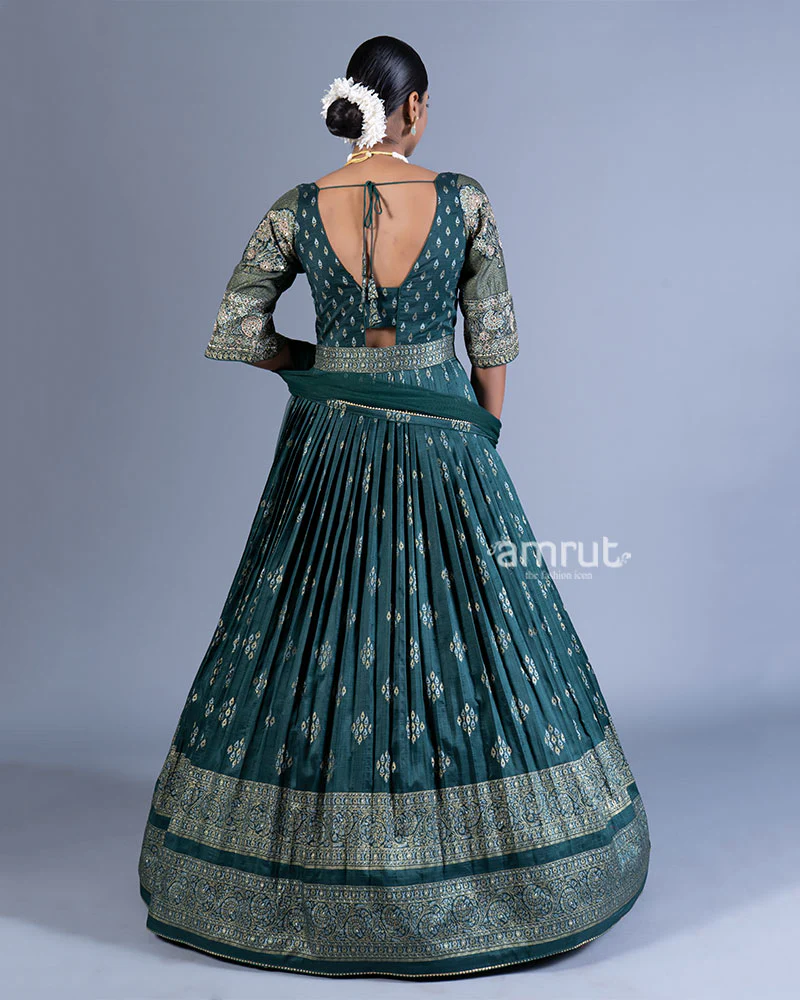 Teal Green Pleated Gown with Golden Embroidery and Dupatta - Image 3