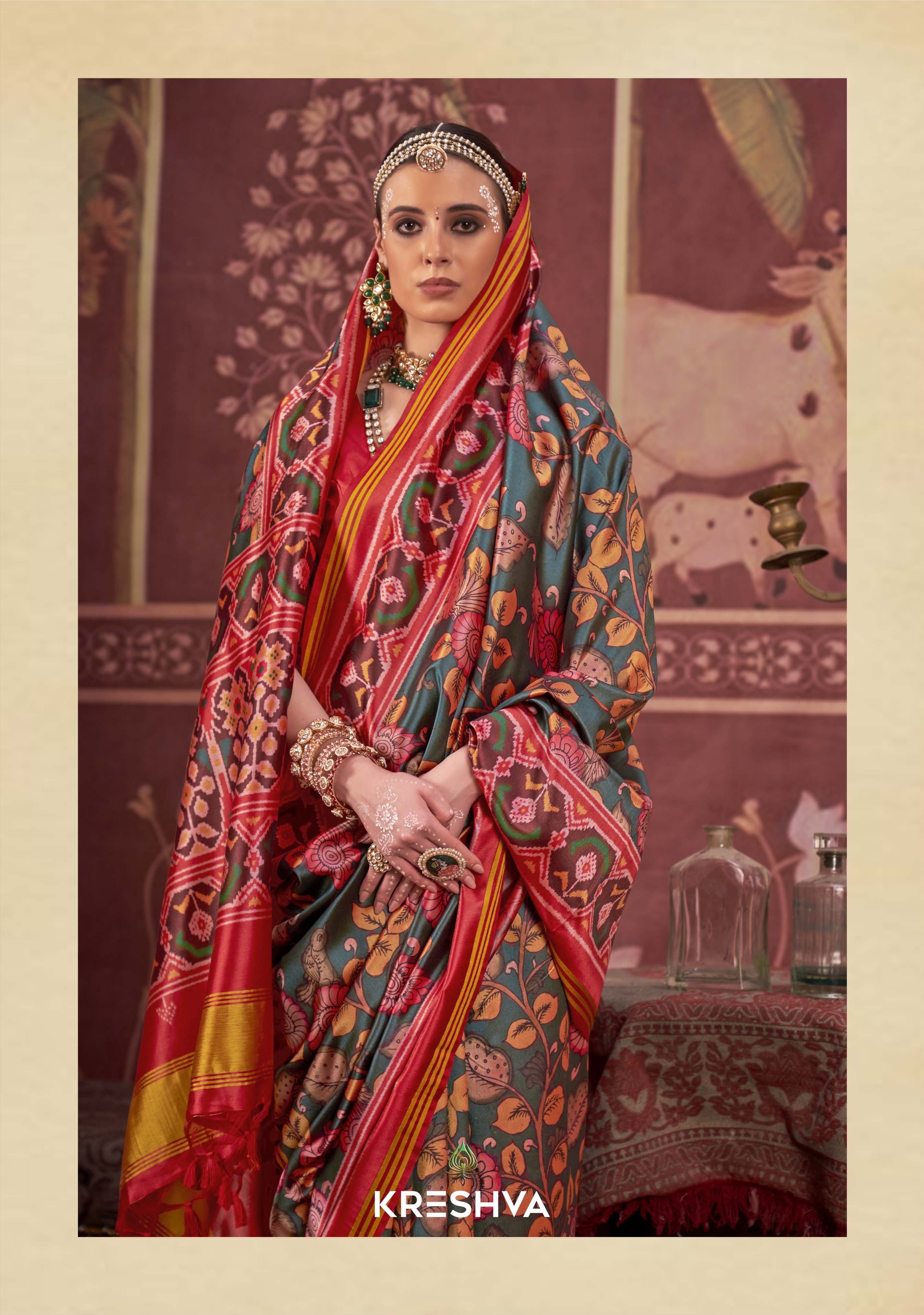 Teal Green & Red Patan Patola Silk Saree with Floral & Ikat Weave Motifs P78 - Image 2