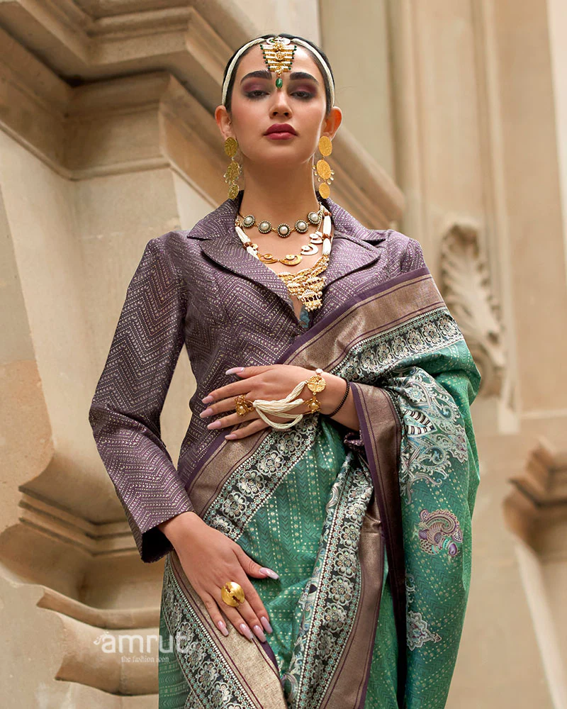 Teal Green Silk Saree with Zari Border and Unstitched Blouse - Image 2