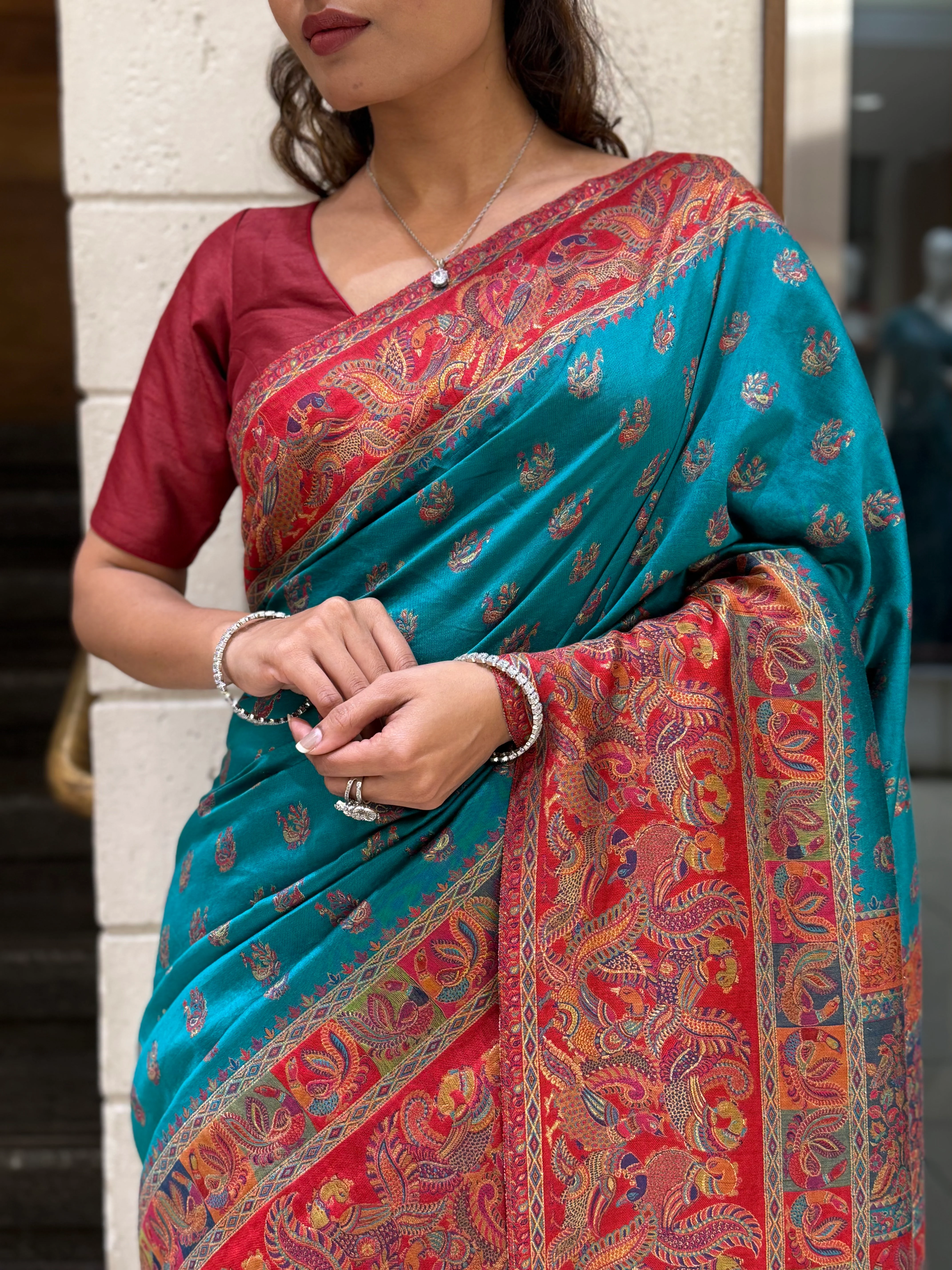 Teal Heritage Silk Saree with Rich Red Paisley Woven Border - Image 2