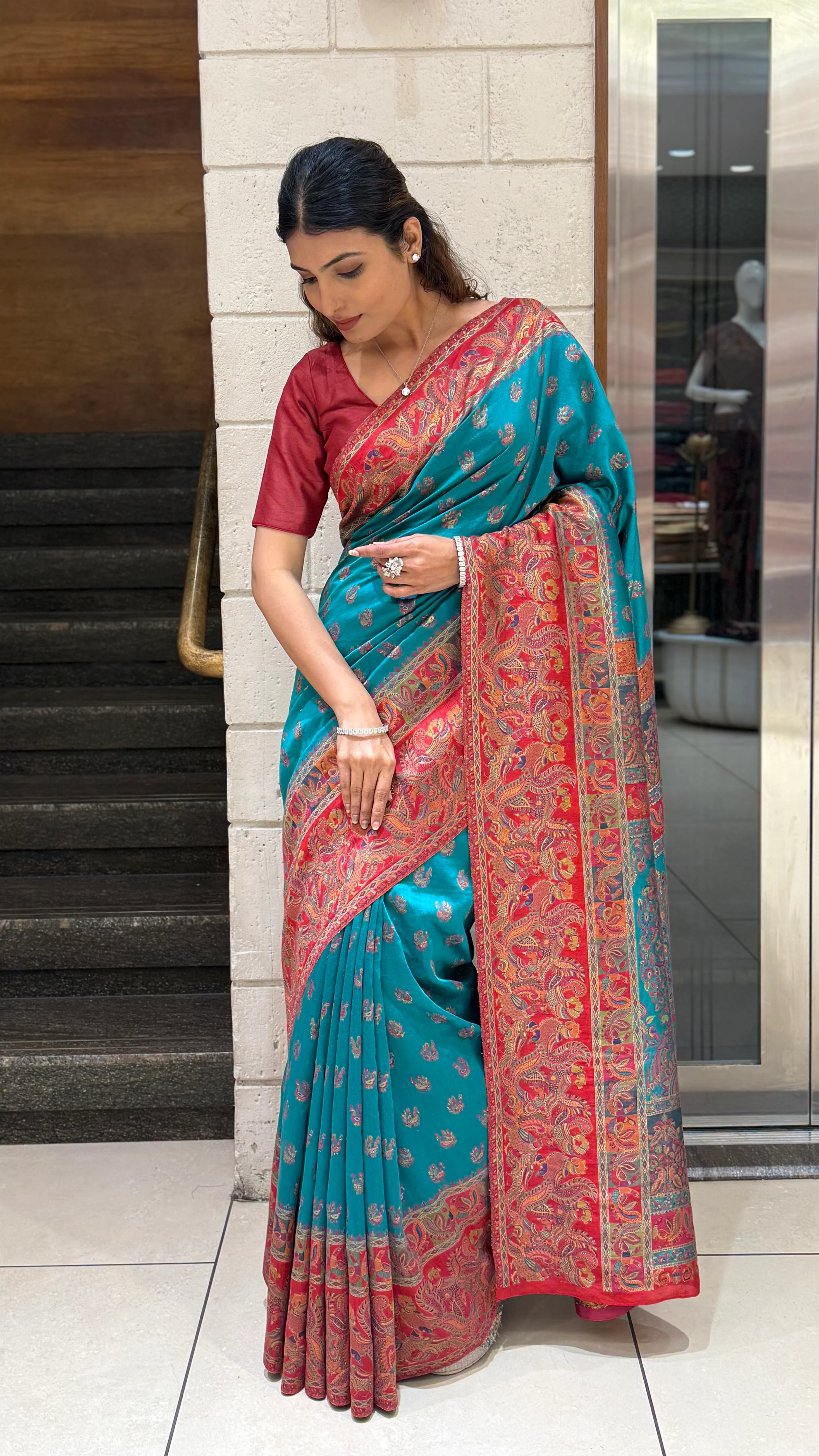 Teal Heritage Silk Saree with Rich Red Paisley Woven Border - Image 3
