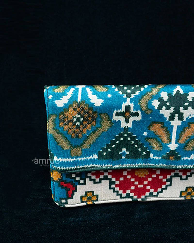 Teal Ikat Fusion Clutch with Contrasting Floral Printed - Image 2