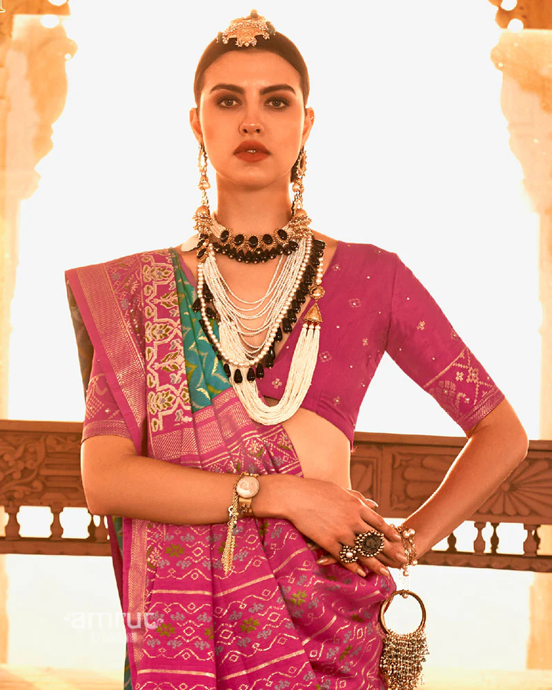 Teal Ikat Printed and Pink Contrast Border Patola Silk Saree with Unstitched Blouse - Image 2