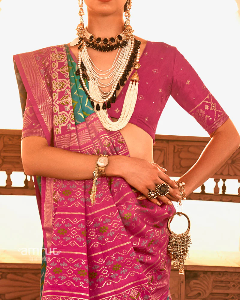 Teal Ikat Printed and Pink Contrast Border Patola Silk Saree with Unstitched Blouse - Image 3