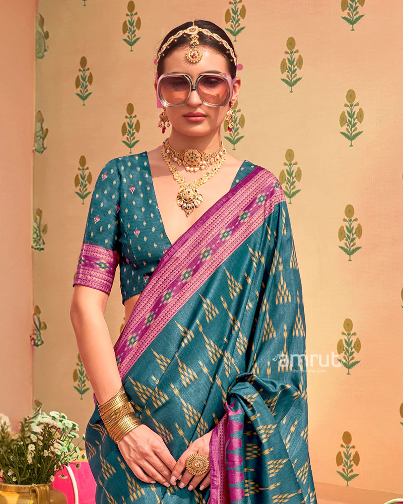 Teal Ikat Printed  Saree with Contrast Magenta Border and Unstitched Blouse - Image 2