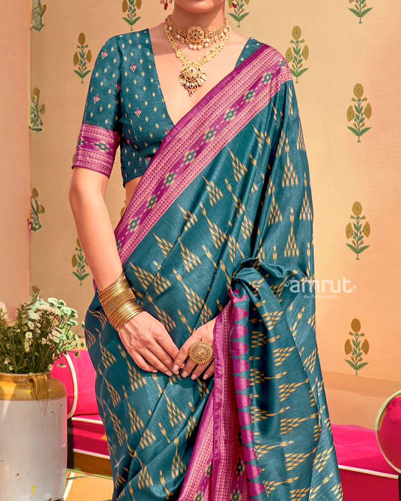 Teal Ikat Printed  Saree with Contrast Magenta Border and Unstitched Blouse - Image 3