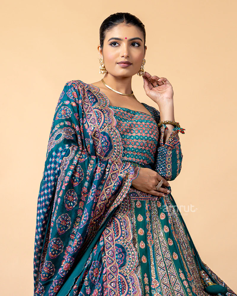 Teal Lehenga Choli with Zardozi Work and Dupatta - Image 2