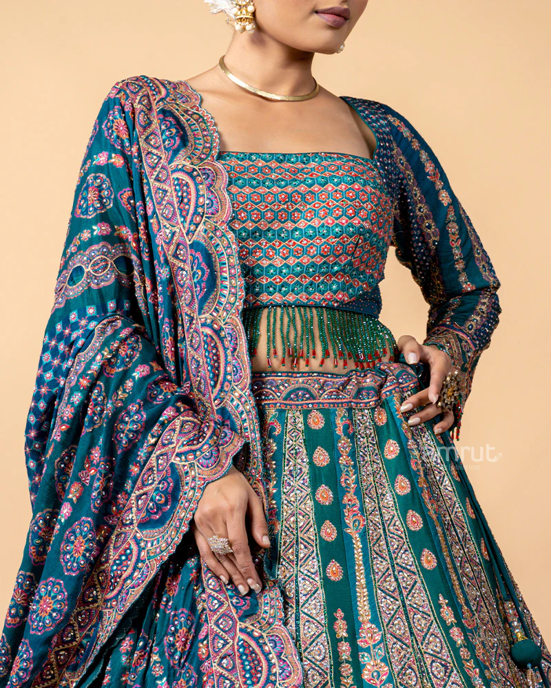 Teal Lehenga Choli with Zardozi Work and Dupatta - Image 3