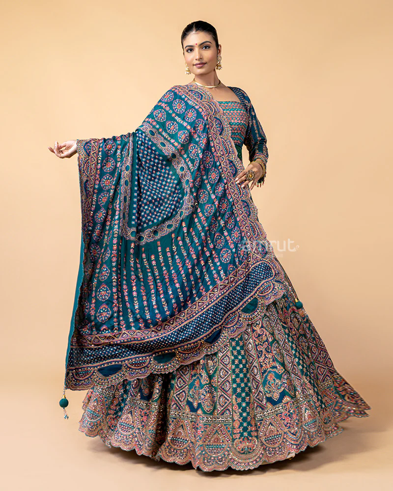 Teal Lehenga Choli with Zardozi Work and Dupatta - Image 5