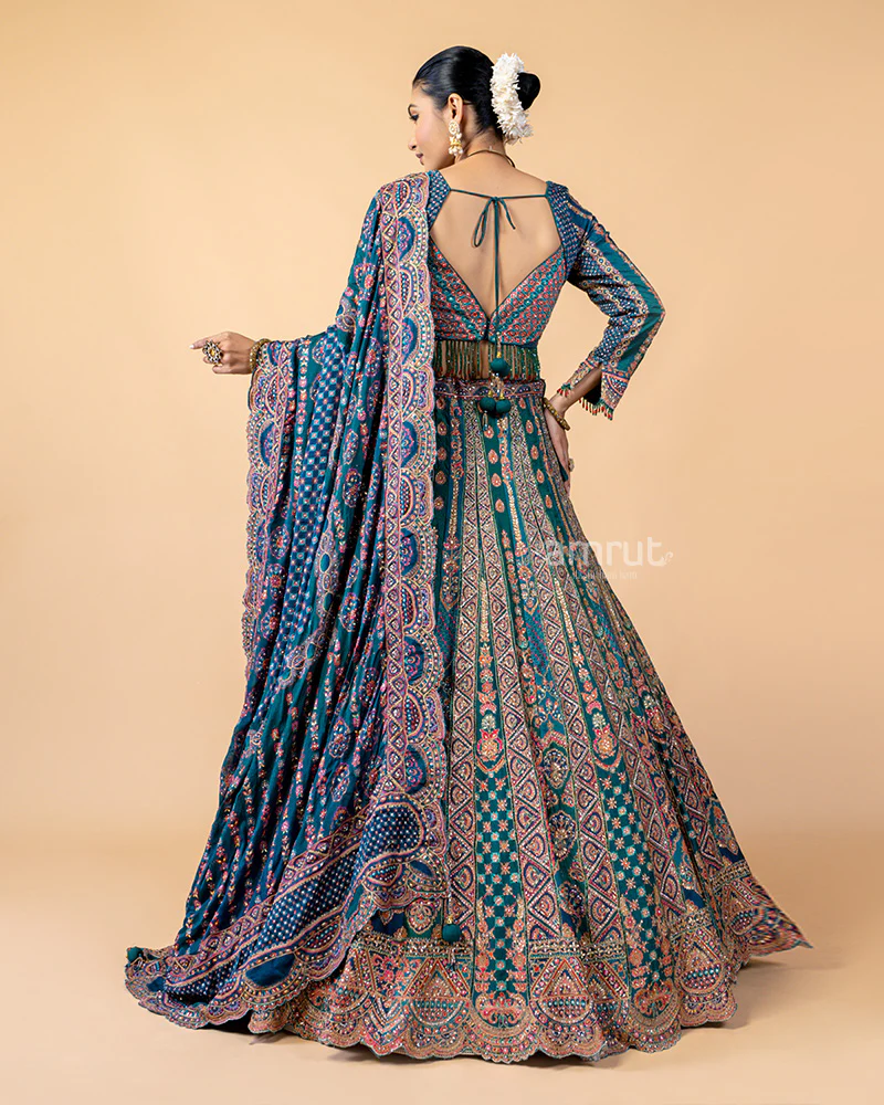 Teal Lehenga Choli with Zardozi Work and Dupatta - Image 6
