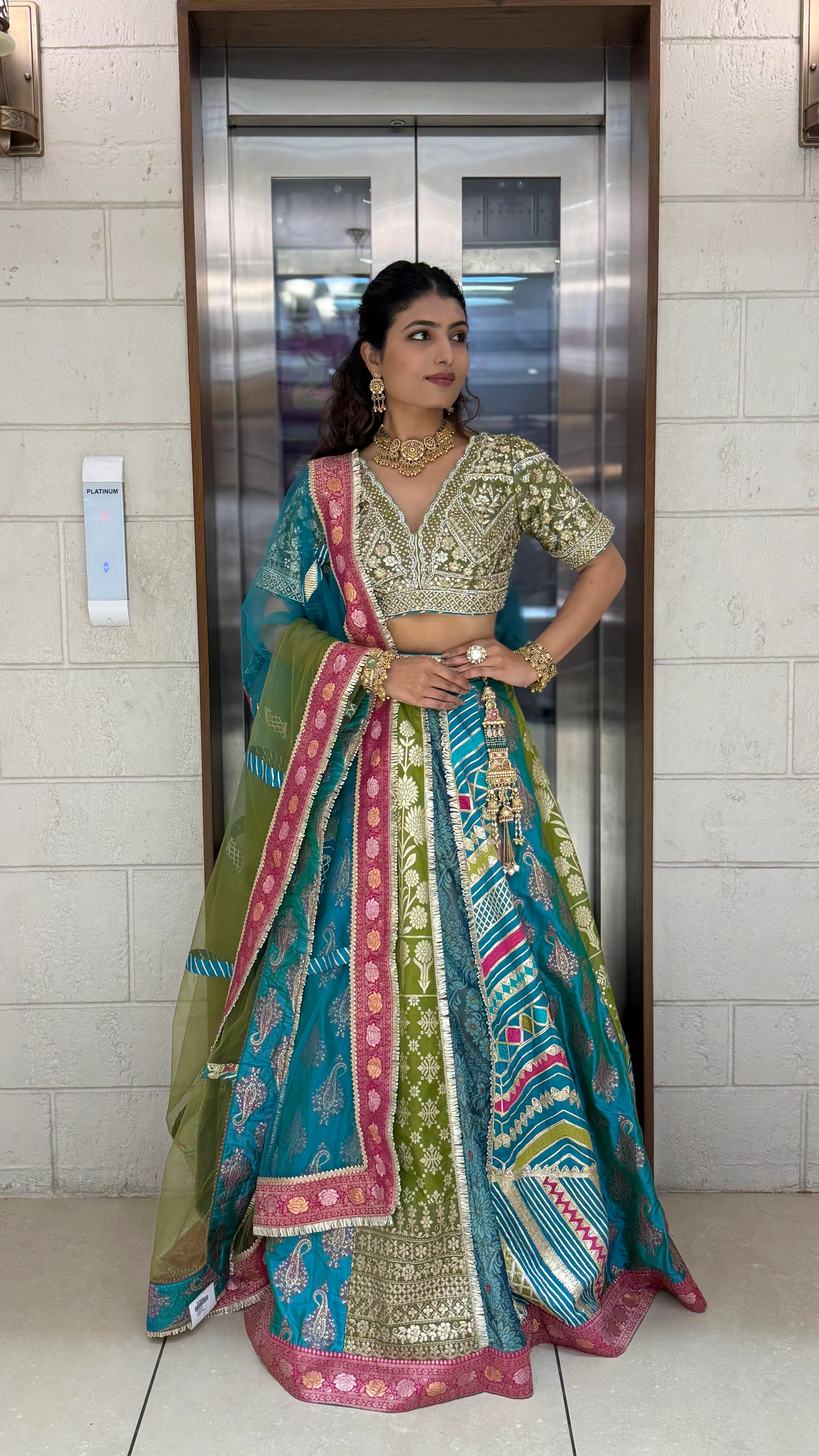 Teal & Olive Green Multicolor Patola Banarasi Lehenga Set with Heavy Hand-Embroidered Blouse - Image 3