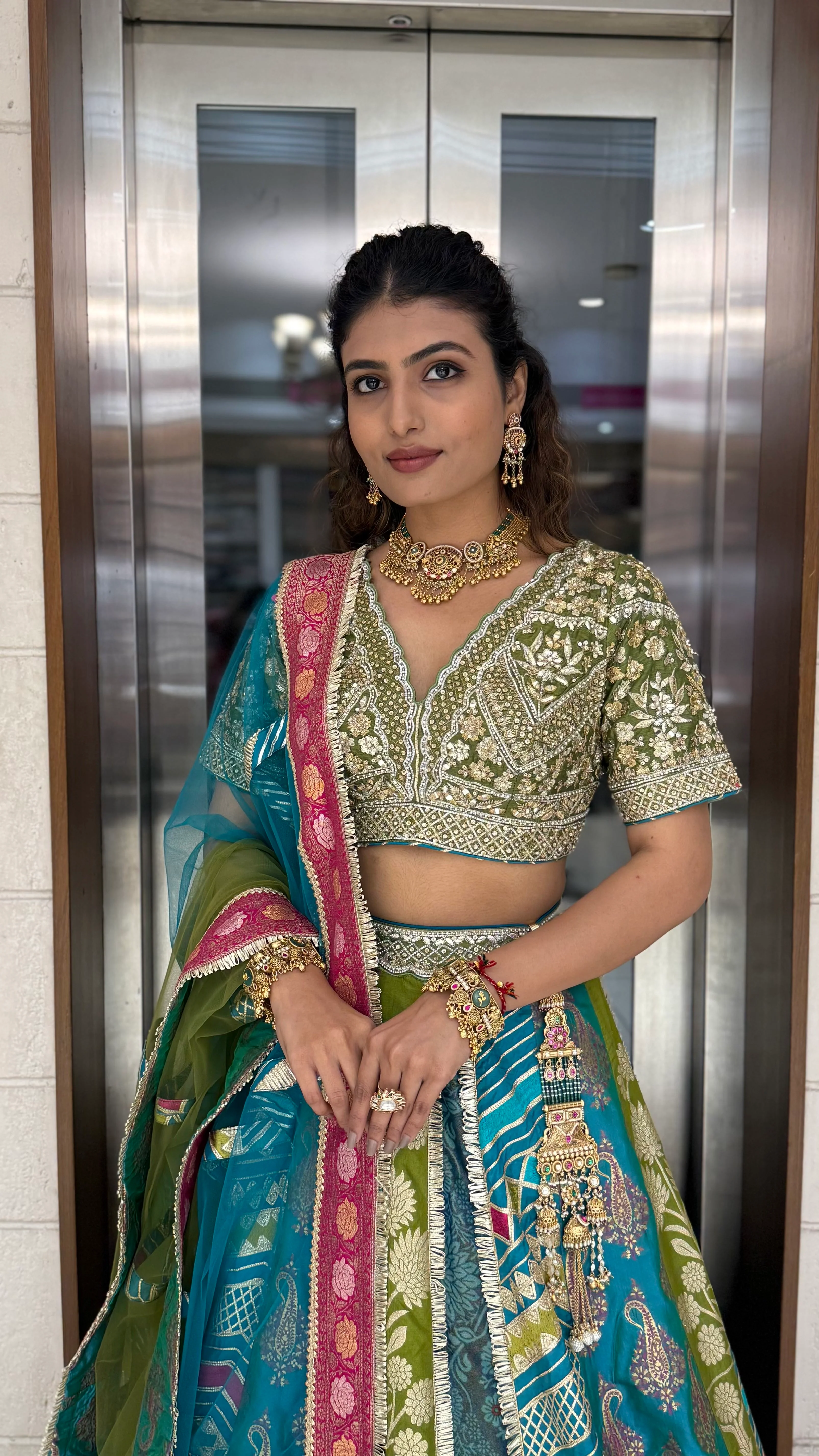 Teal & Olive Green Multicolor Patola Banarasi Lehenga Set with Heavy Hand-Embroidered Blouse - Image 5