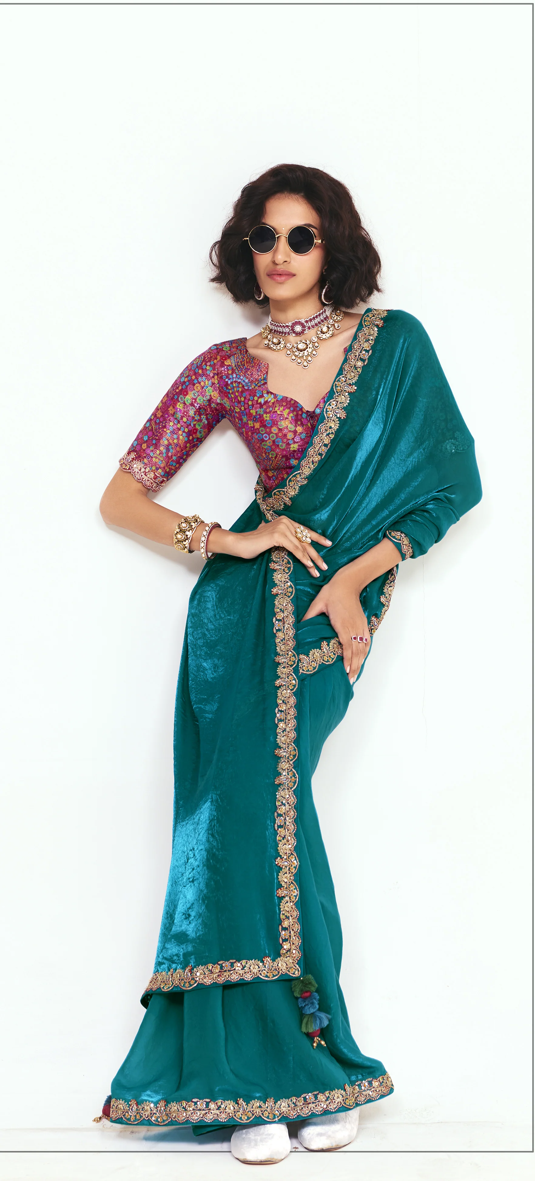 Teal Satin Saree with Embroidered Border & Designer Blouse - Image 2