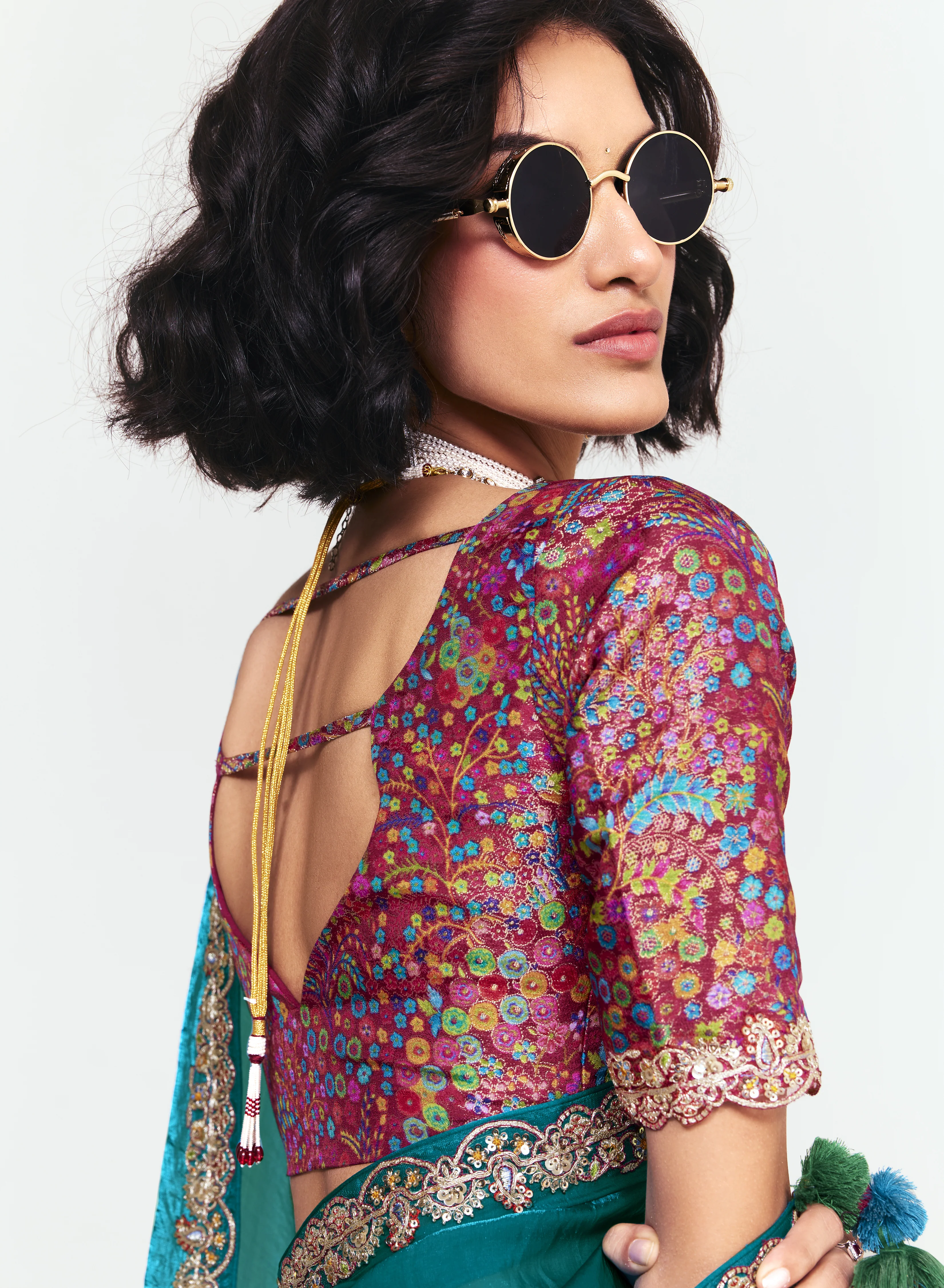 Teal Satin Saree with Embroidered Border & Designer Blouse - Image 3