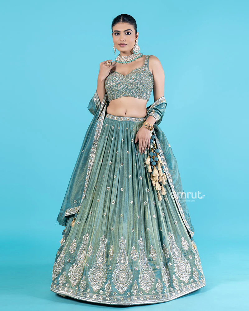 Teal Tissue Silk Lehenga Choli with Sequin and Zari Embroidery and Dupatta - Image 4