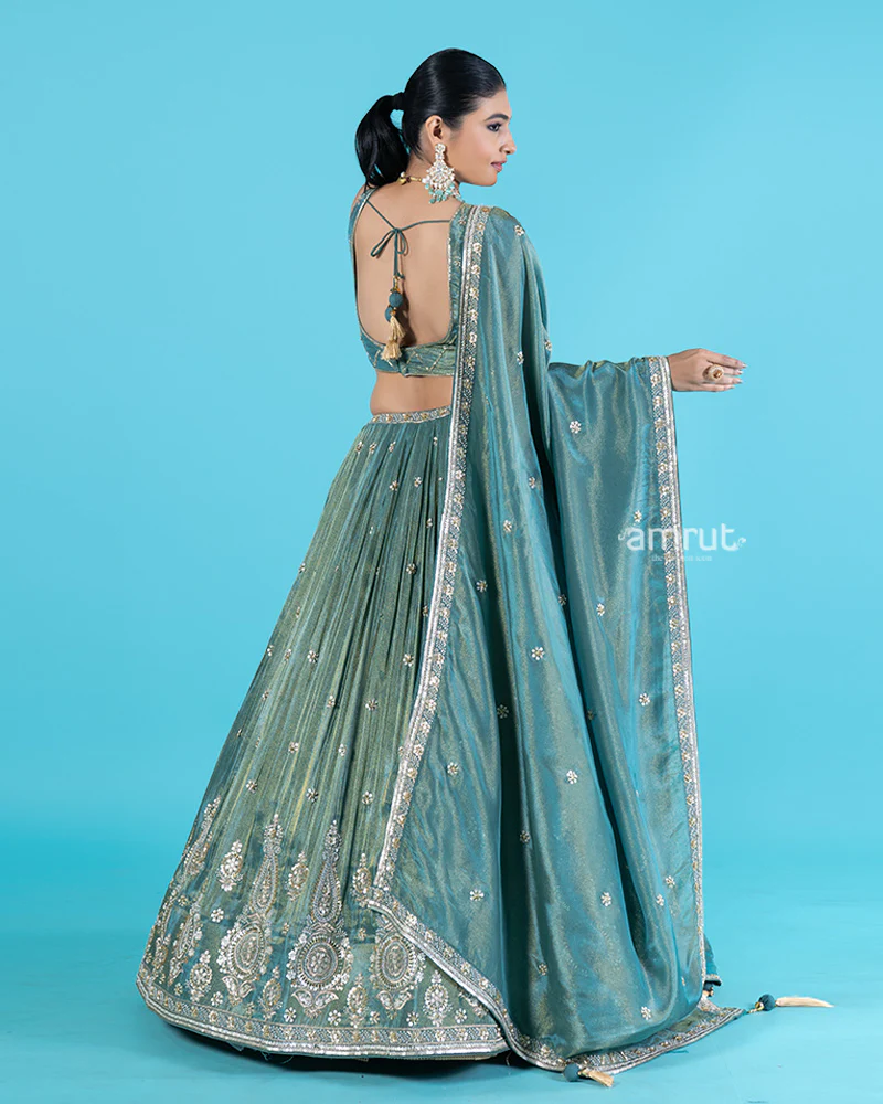 Teal Tissue Silk Lehenga Choli with Sequin and Zari Embroidery and Dupatta - Image 5