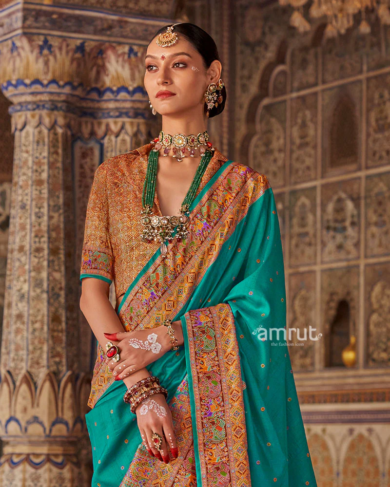 Teal with Floral Motifs Printed Border Saree and Unstitched Blouse - Image 2
