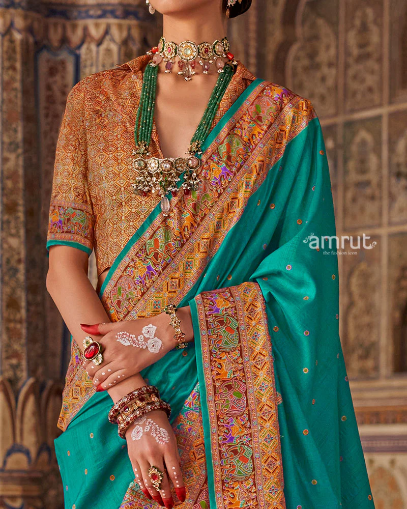 Teal with Floral Motifs Printed Border Saree and Unstitched Blouse - Image 3