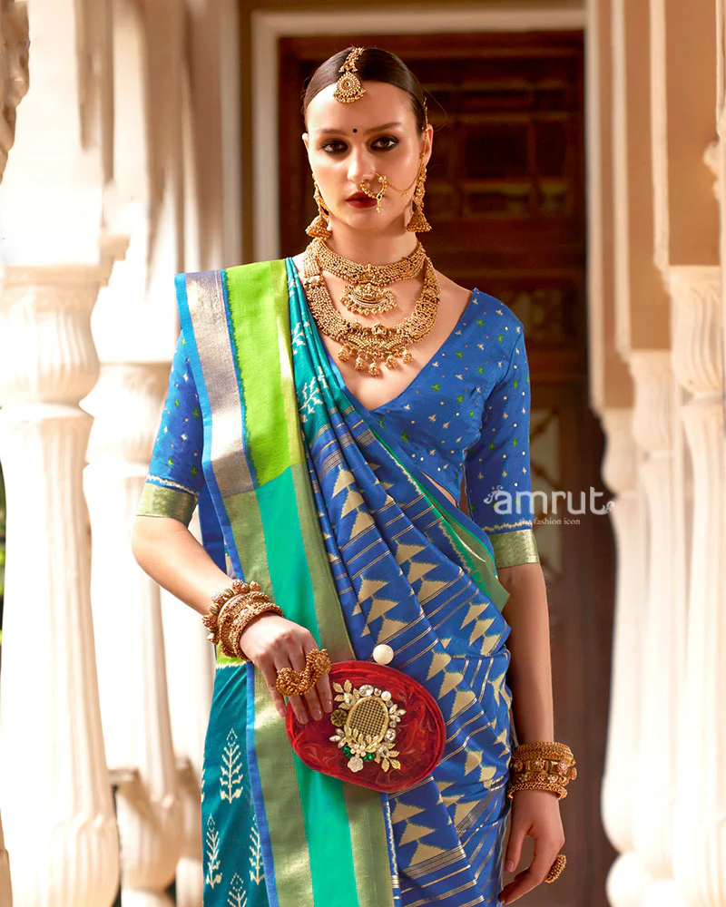 Teal Zari Embellished Borders Silk Saree with Unstitched Blouse - Image 2