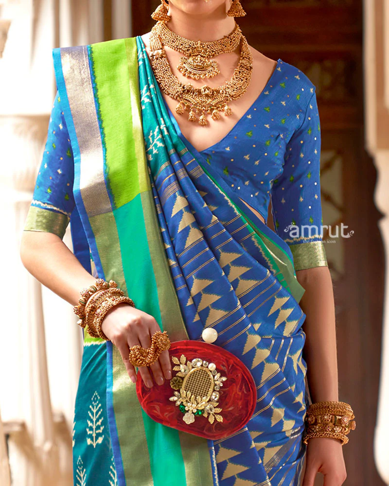 Teal Zari Embellished Borders Silk Saree with Unstitched Blouse - Image 3