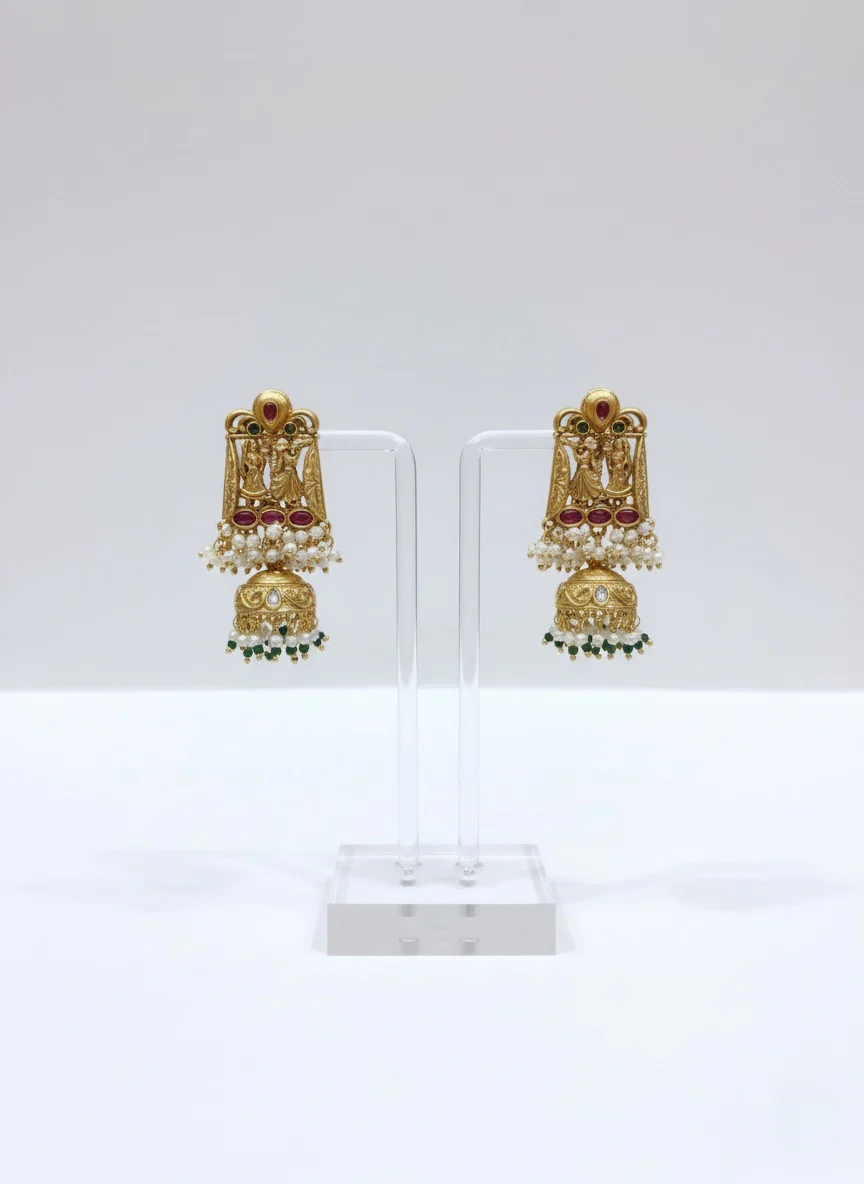 Temple Heritage Long Haar with Green Beads and Pearl Jhumkas - Image 2