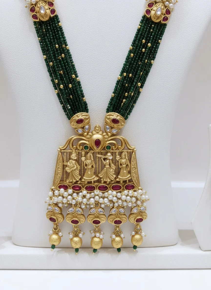 Temple Heritage Long Haar with Green Beads and Pearl Jhumkas - Image 3