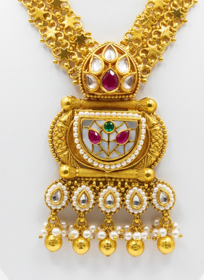 Temple-Inspired Gold Long Necklace Set with Kundan & Meenakari Detailing - Image 3