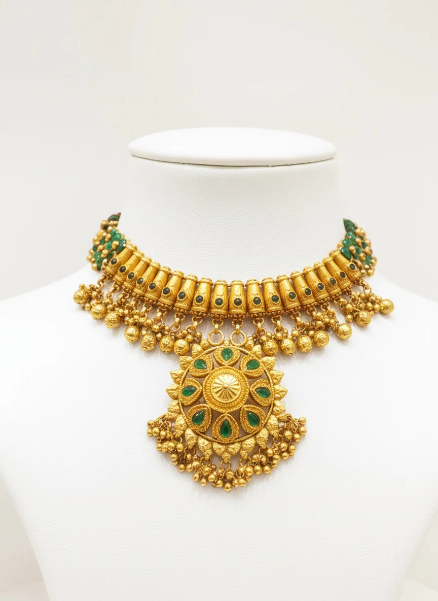 Temple-Inspired Gold Necklace Set with Green Enamel & Bead Drops - Image 2