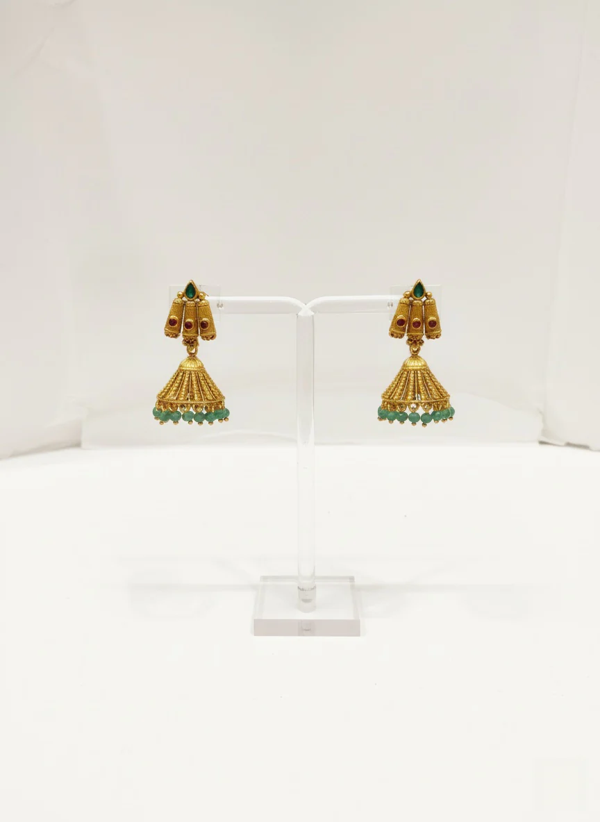 Temple-Inspired Gold Necklace Set with Green Enamel & Bead Drops - Image 3