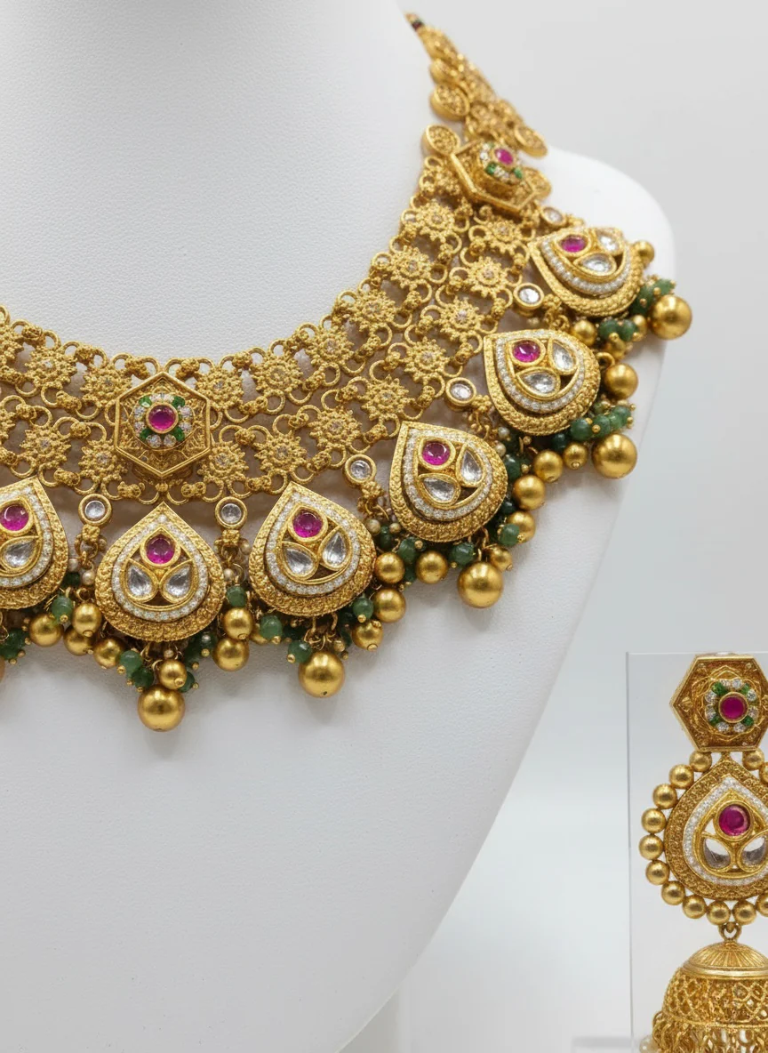 Temple-Inspired Kundan Bridal Necklace Set with Ruby & Emerald Stones - Image 2