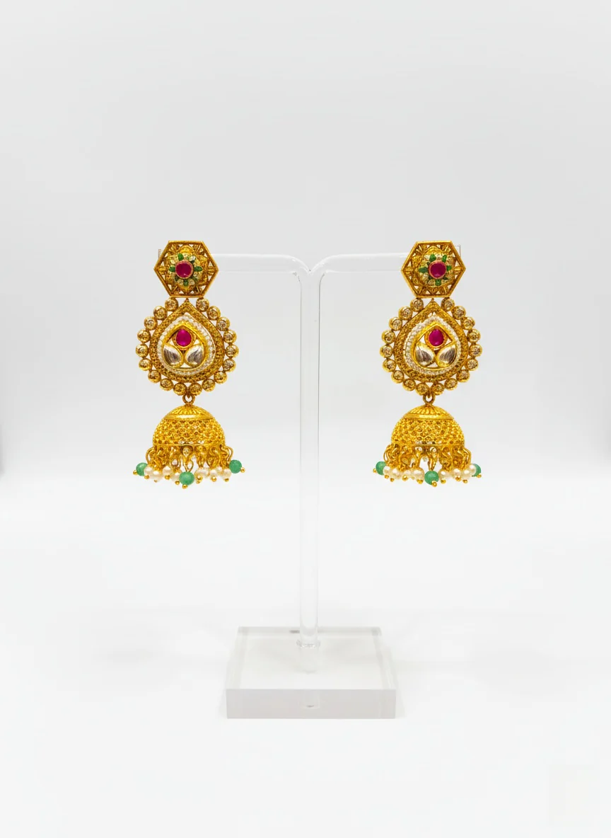 Temple-Inspired Kundan Bridal Necklace Set with Ruby & Emerald Stones - Image 3
