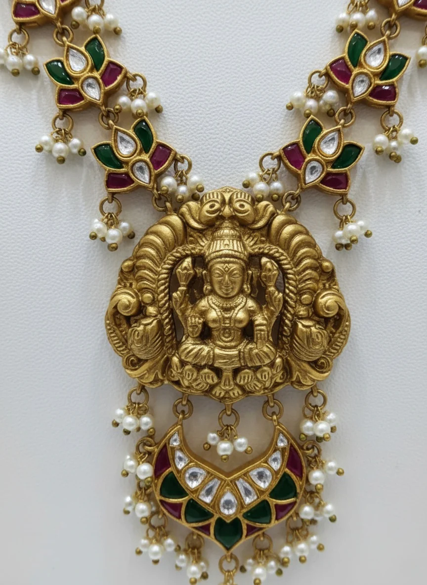 Temple Jewellery Lakshmi Haram with Multicolour Stones & Earrings - Image 3