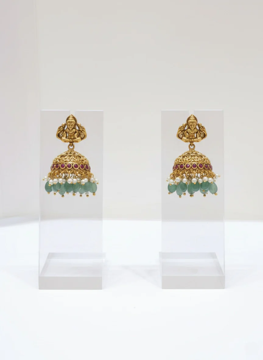 Temple Jewelry Set with Green Beads and Goddess Lakshmi Pendant - Image 2