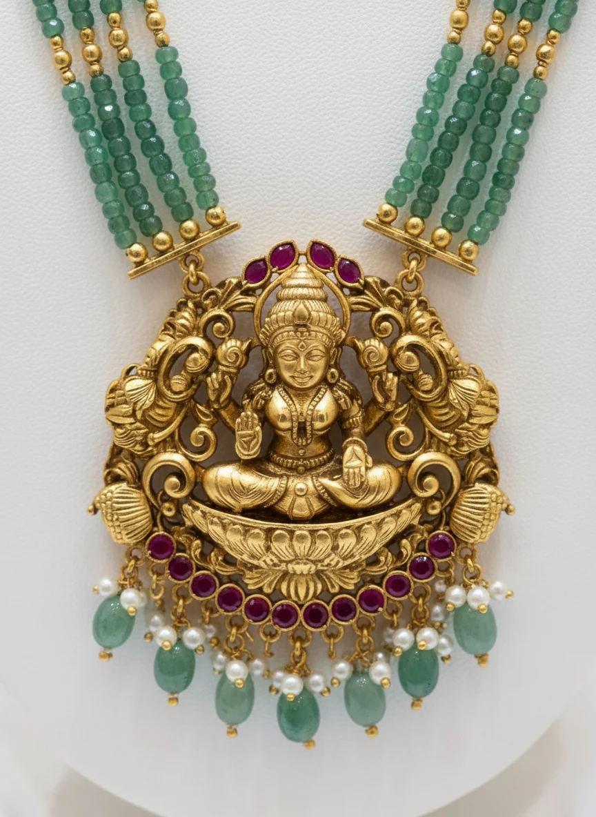 Temple Jewelry Set with Green Beads and Goddess Lakshmi Pendant - Image 3