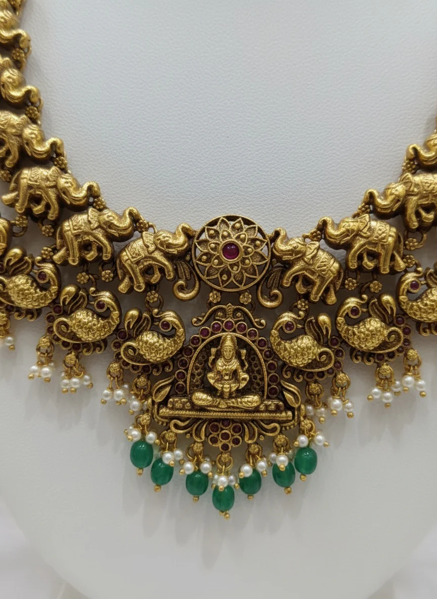 Temple Jewelry Set with Lakshmi, Elephant, and Peacock Motifs - Image 3
