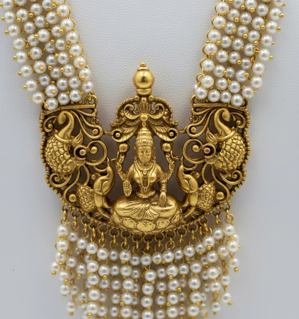 Temple Jewelry Set with Pearl Strands and Lakshmi Pendant - Image 3