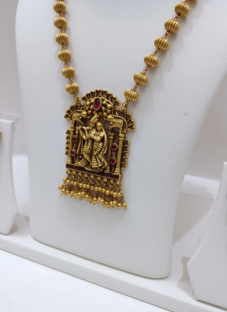 Temple Necklace Set with Radha-Krishna Pendant & Matching Earrings - Image 3