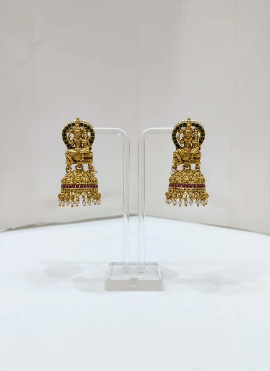 Temple Necklace Set with Shiva-Parvati Pendant & Jhumkas - Image 2