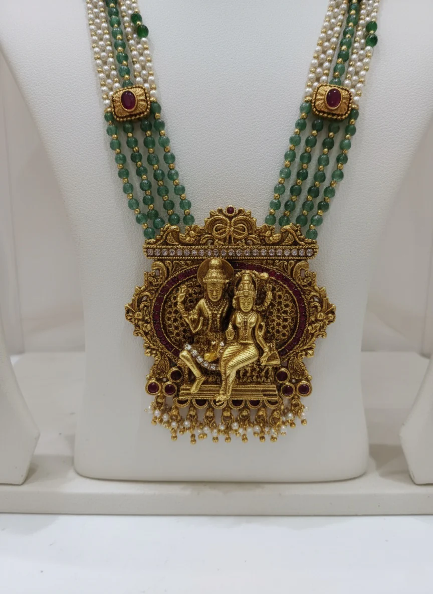 Temple Necklace Set with Shiva-Parvati Pendant & Jhumkas - Image 3