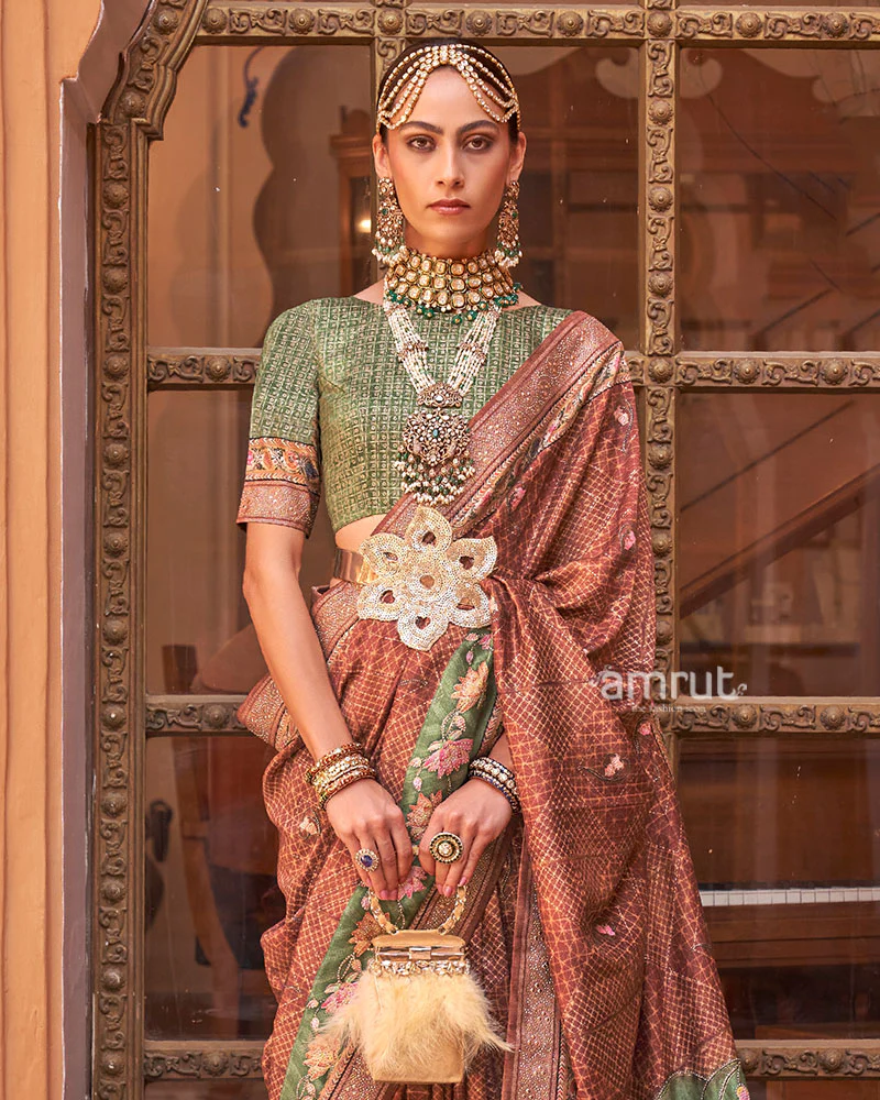 Terracotta and Olive-Green Printed Saree with Unstitched Blouse - Image 2