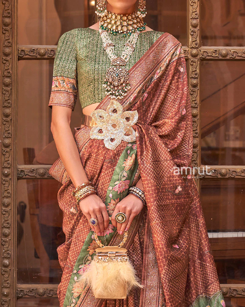 Terracotta and Olive-Green Printed Saree with Unstitched Blouse - Image 3