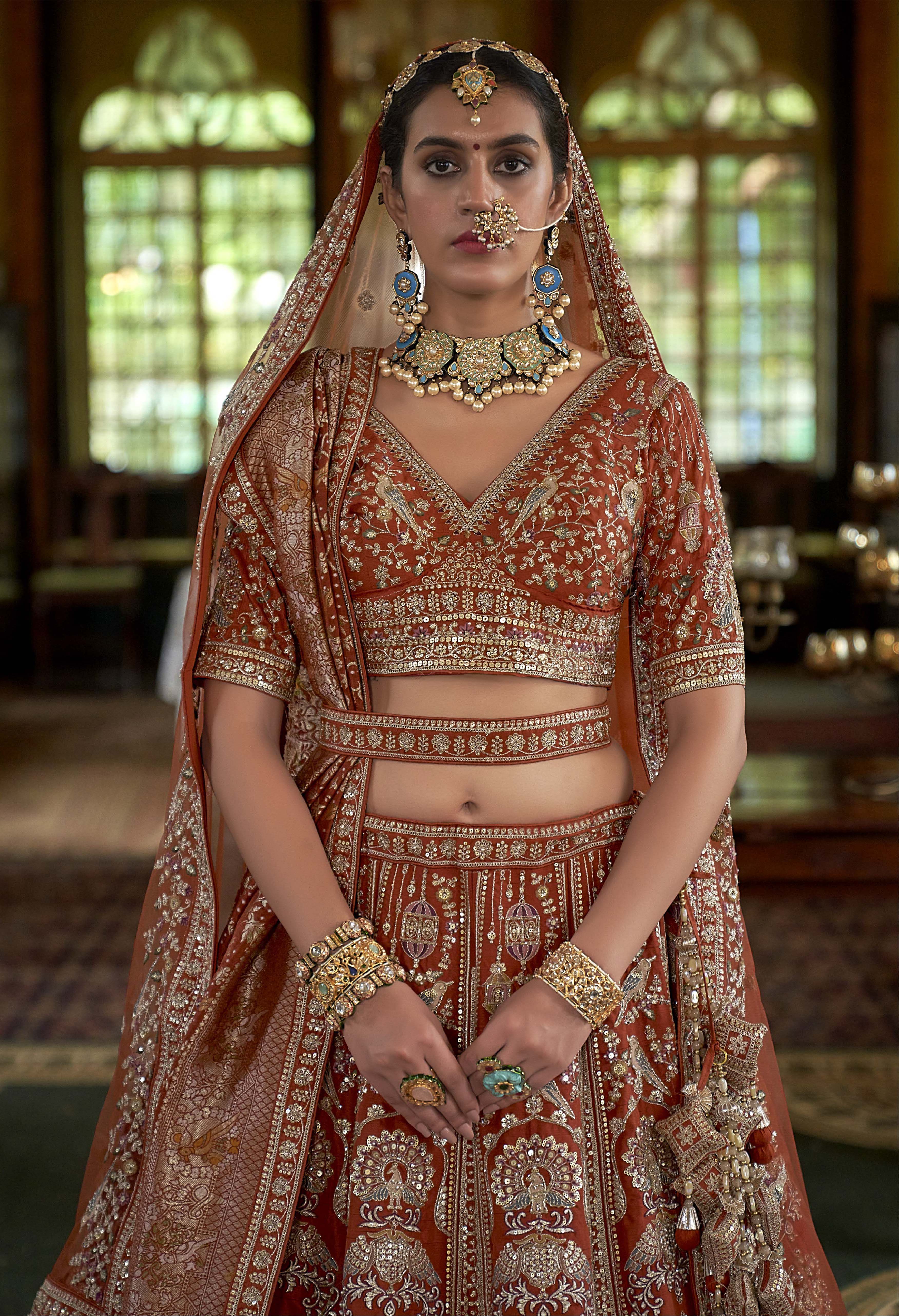 Terracotta Rust Bridal Lehenga with Zardozi & Heritage Peacock Motifs – Double Dupatta Royal - Image 2