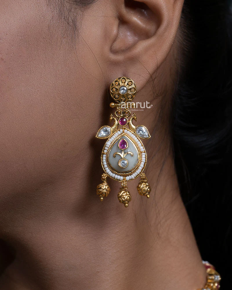 Traditional Elephant Motif and Meenakari Pearl Necklace Set - Image 2