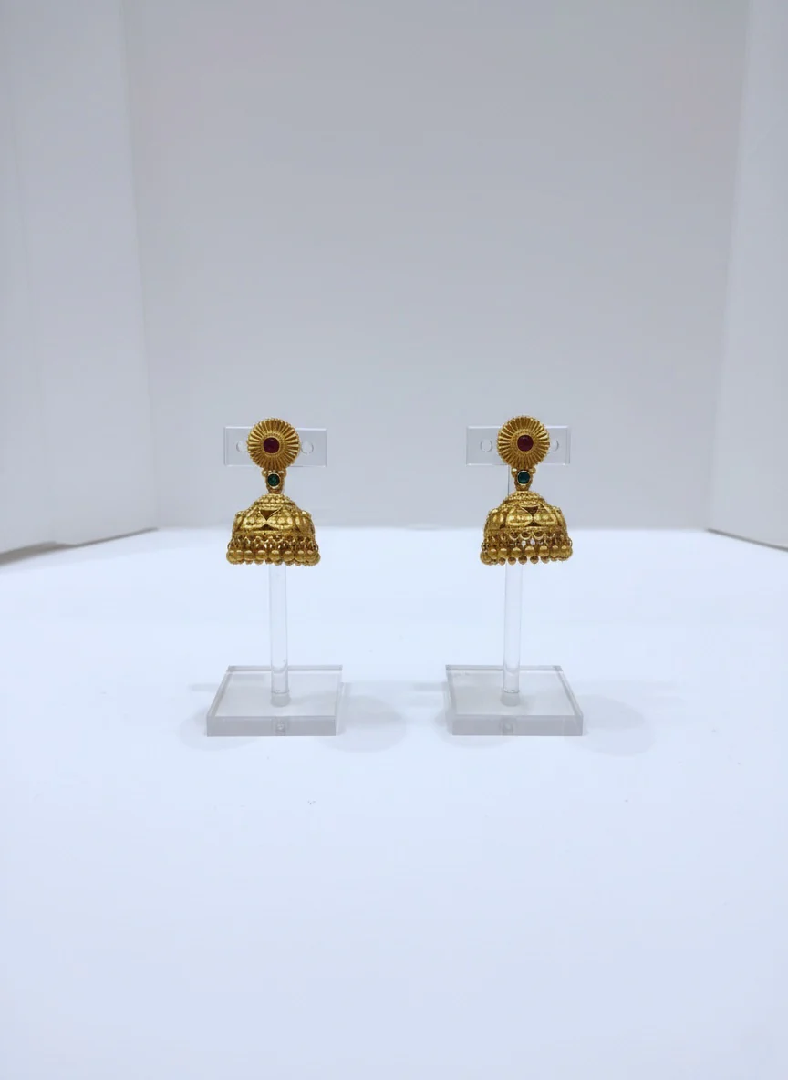 Traditional Gold Beaded Haram with Layered Chains & Jhumka Earrings - Image 2