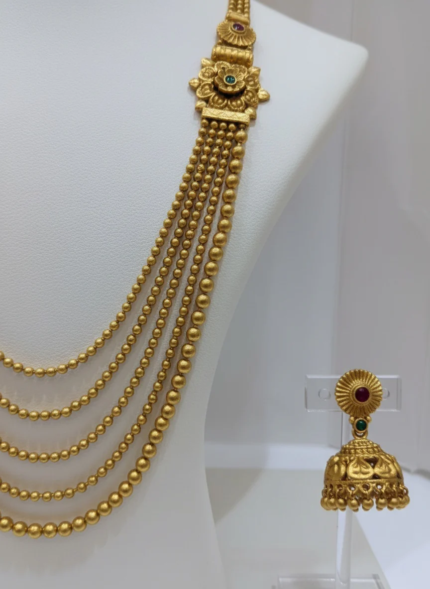 Traditional Gold Beaded Haram with Layered Chains & Jhumka Earrings - Image 3
