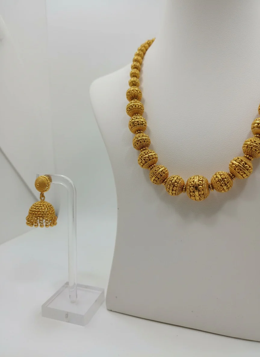 Traditional Gold Beaded Necklace Set with Filigree Detailing & Jhumka Earrings - Image 3