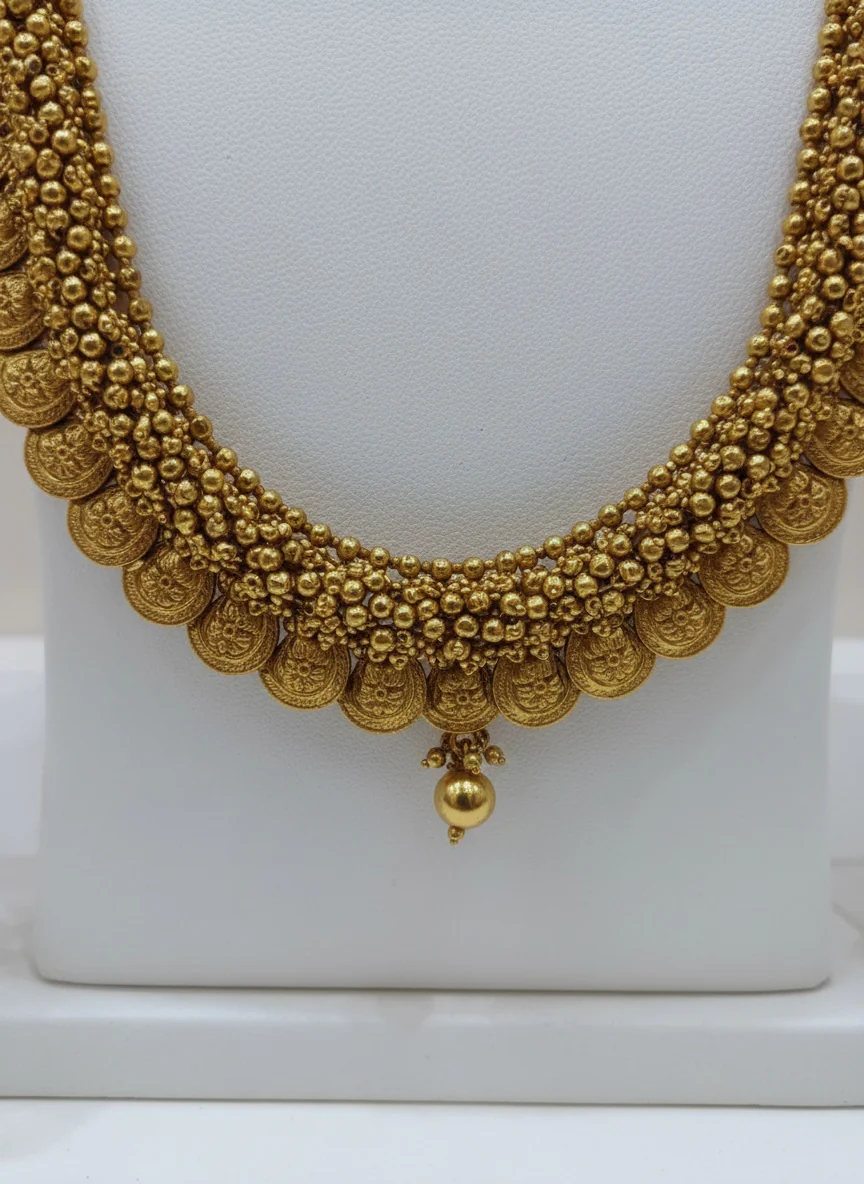 Traditional Gold Coin Necklace Set with Jhumka Earrings - Image 2